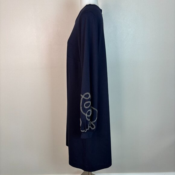 Ann Taylor Shift Dress Medium Navy Blue Embroidered Sleeves Ponte Knit Stretch - Picture 5 of 12